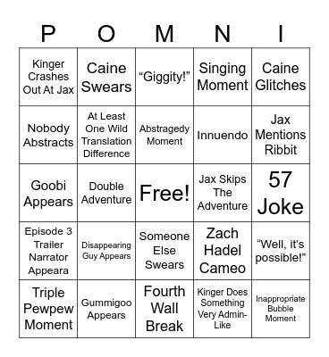 Digital Circus Ep. 7 Bingo Card Bingo Card