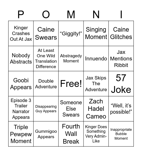 Digital Circus Ep. 7 Bingo Card Bingo Card