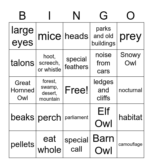 The Owl Bingo Card