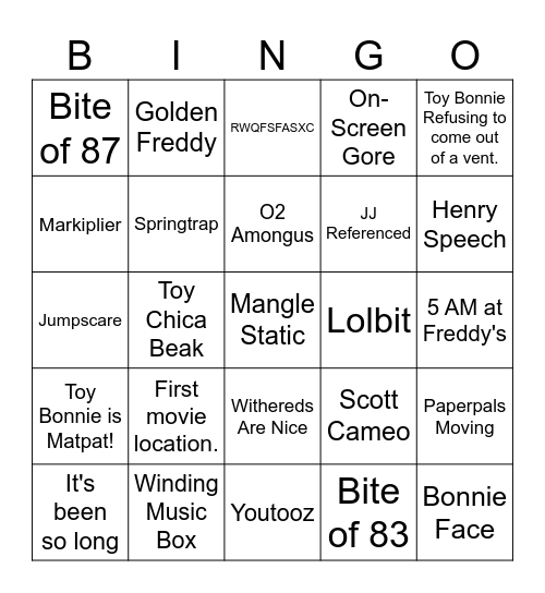 FNAF 2 MOVIE BINGO Card