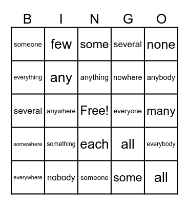 Undefined Pronouns Bingo Card