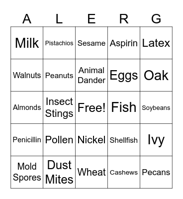 ** ALLERGY BINGO ** Bingo Card