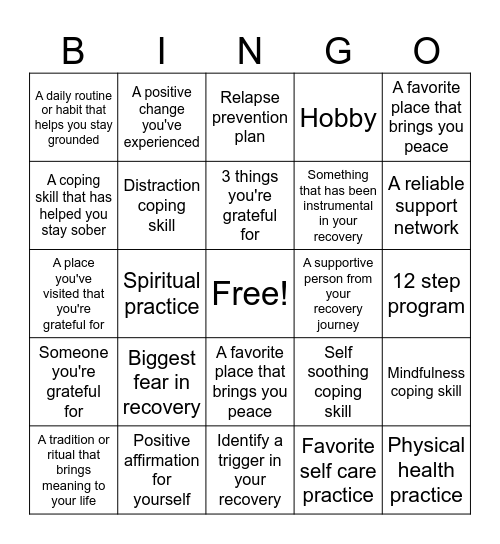 Recovery Bingo Card