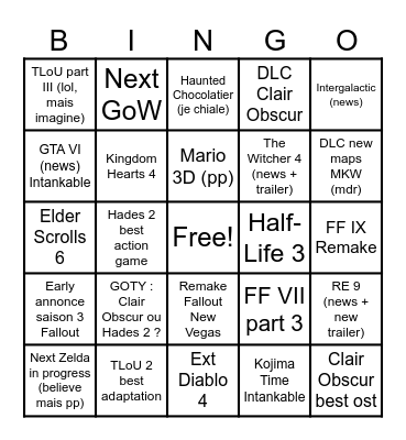 Game Awards 2025 Bingo Card