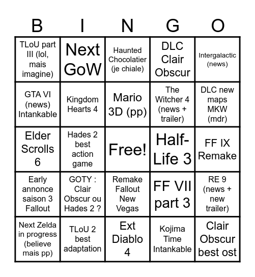 Game Awards 2025 Bingo Card