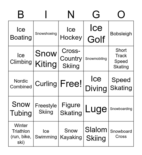 BINGO Winter Sports Bingo Card