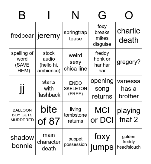 FNaF 2 Bingo Card