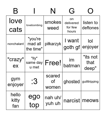 Male manipulator Bingo Card