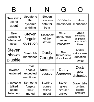 Dusty X Steven Bingo Card