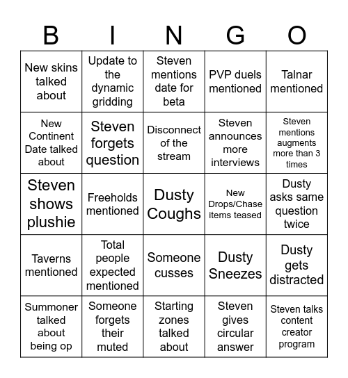 Dusty X Steven Bingo Card