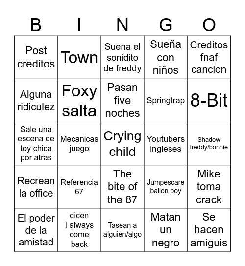 Fnaf Bingo Card
