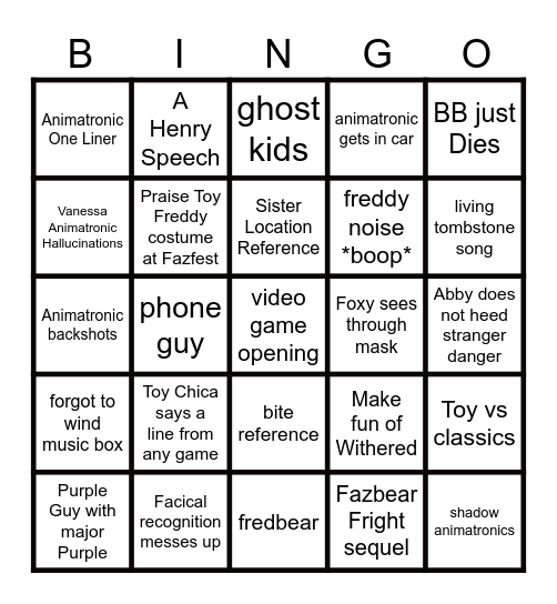 Fnaf 2 Movie Bingo Card