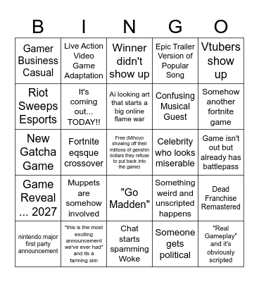 The Game Awards Bingo Card