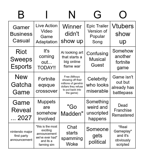 The Game Awards Bingo Card