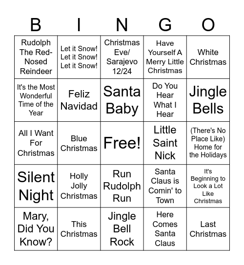Christmas Songs Bingo Card