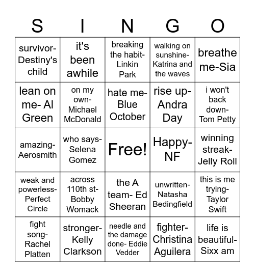 recovery songs Bingo Card