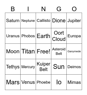 Solar System Bingo Card