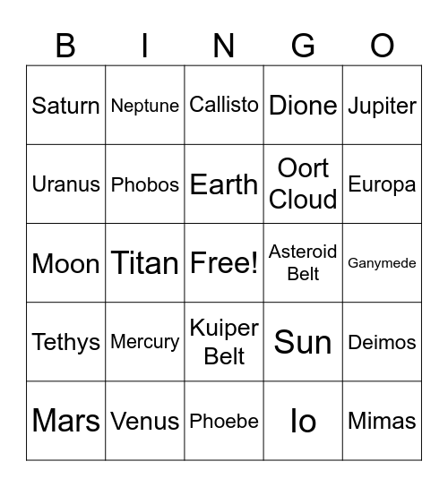 Solar System Bingo Card