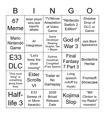 Game Awards Bingo Card