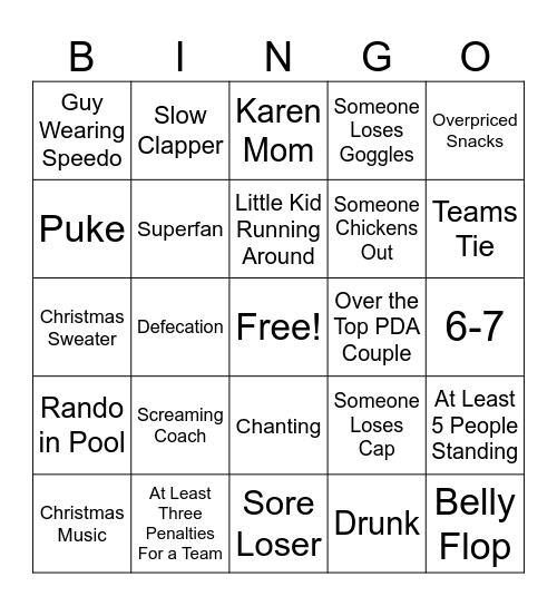 Swim Meet Bingo Card
