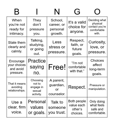 Abstinence Bingo Card