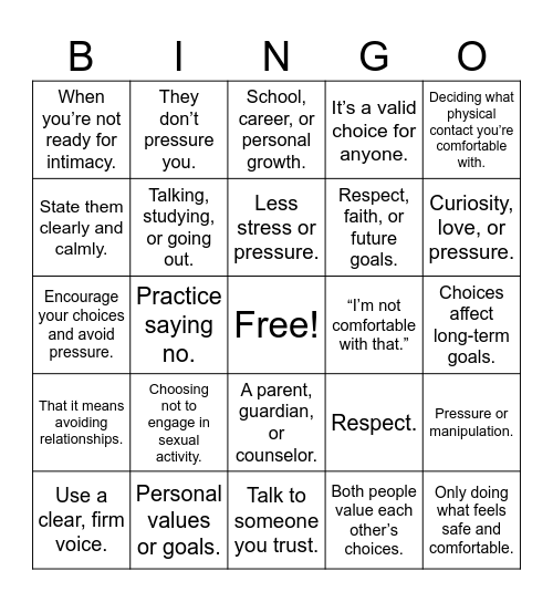 Abstinence Bingo Card