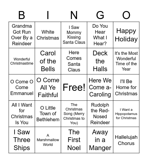 Christmas Music BINGO Card