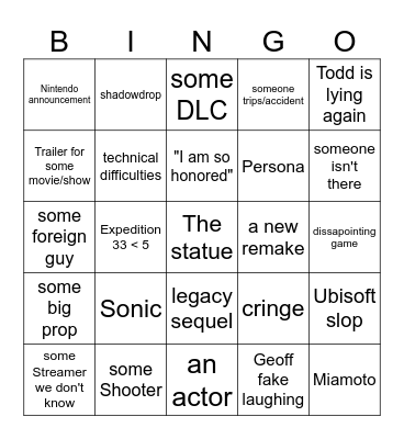 Game Awards Bingo Card