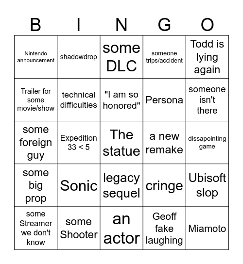 Game Awards Bingo Card