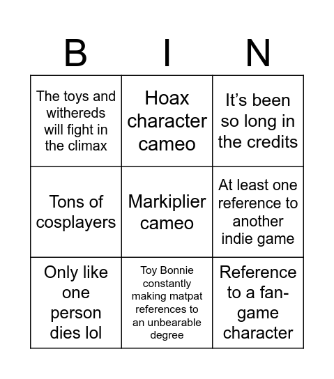 FNaF 2 movie predictions Bingo Card