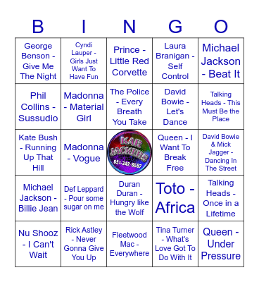 Kar Jackers 80's Hits #1 Bingo Card