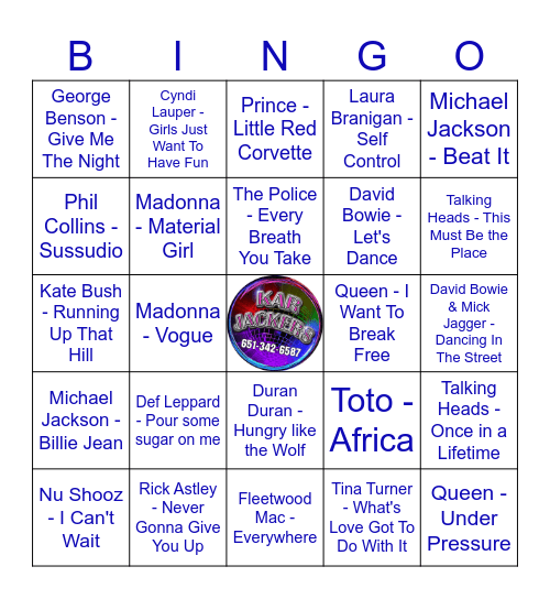 Kar Jackers 80's Hits #1 Bingo Card