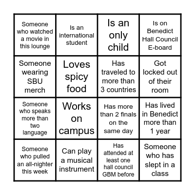 Benedict Game Night Bingo Card