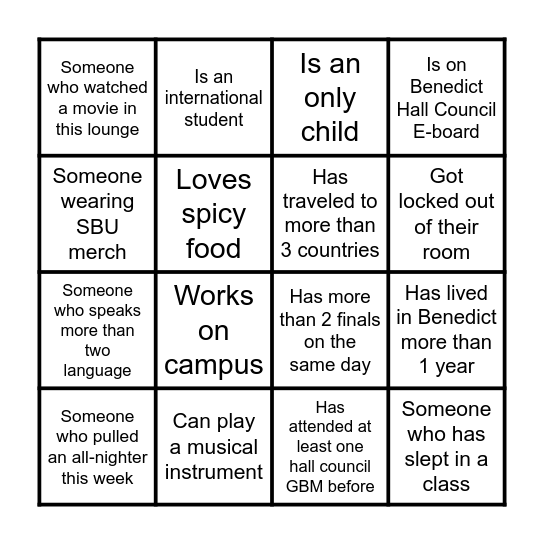 Benedict Game Night Bingo Card