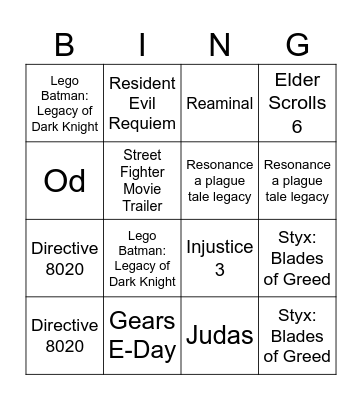 Game Awards 2025 Bingo Card