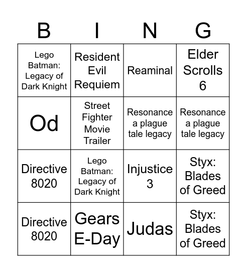 Game Awards 2025 Bingo Card
