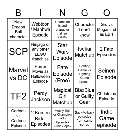 S26 Predictions Bingo Card
