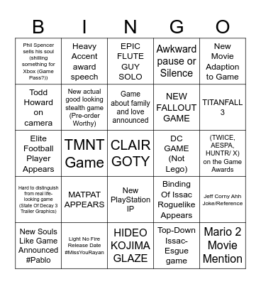 Game Awards Bingo Card