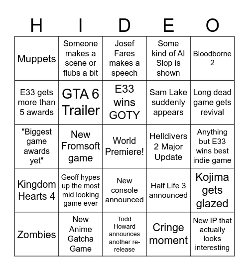 Dogma's TGA 25 Bingo Card