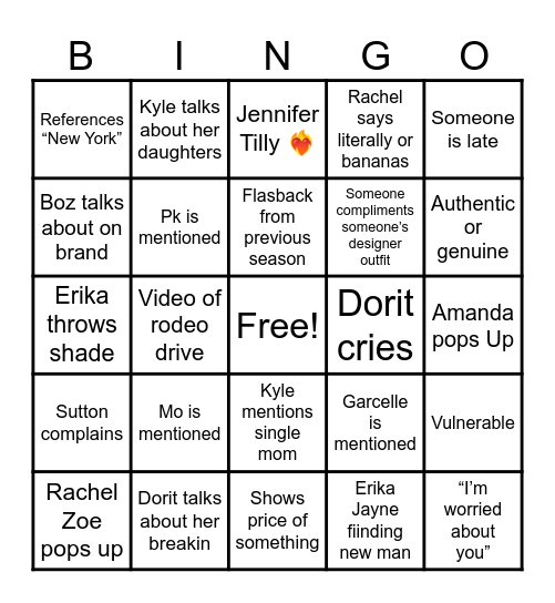rhobh s25 Bingo Card