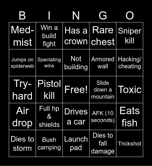 Fortnite spectating bingo Card