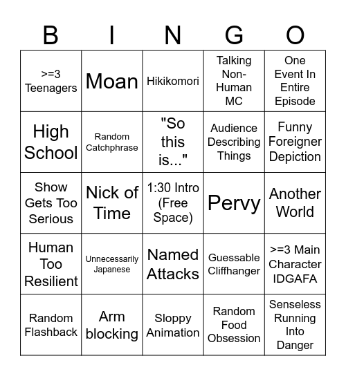 Anime Trope Bingo Card
