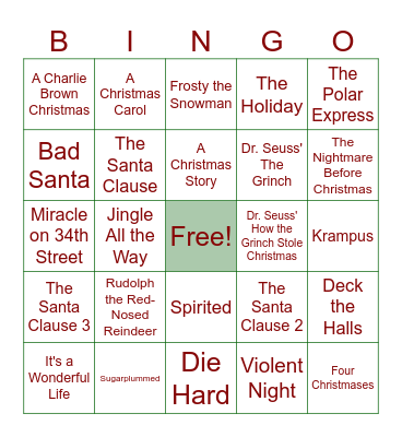 Christmas Movie Bingo Card