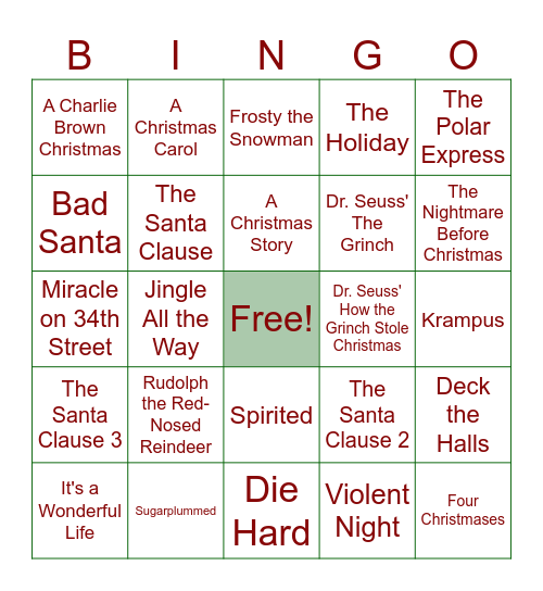 Christmas Movie Bingo Card