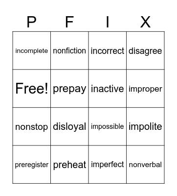 Prefix - 0 Bingo Card