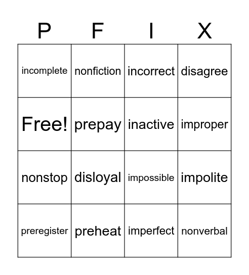 Prefix - 0 Bingo Card