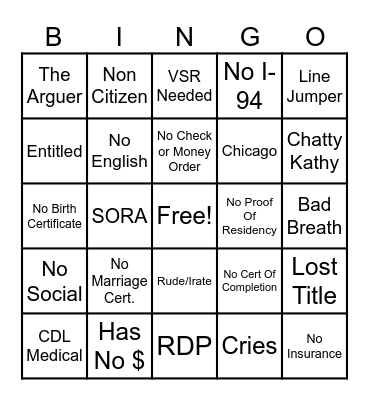 DMV Bingo Card