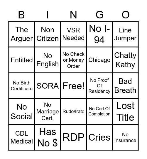 DMV Bingo Card