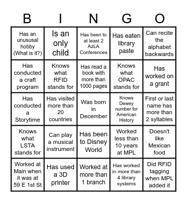 MPL Retiree BINGO! Bingo Card