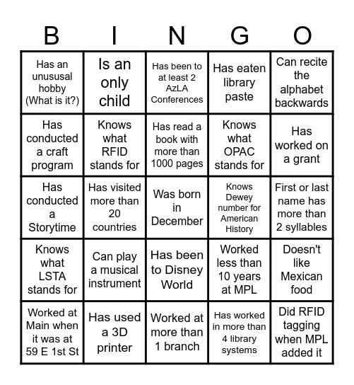 MPL Retiree BINGO! Bingo Card
